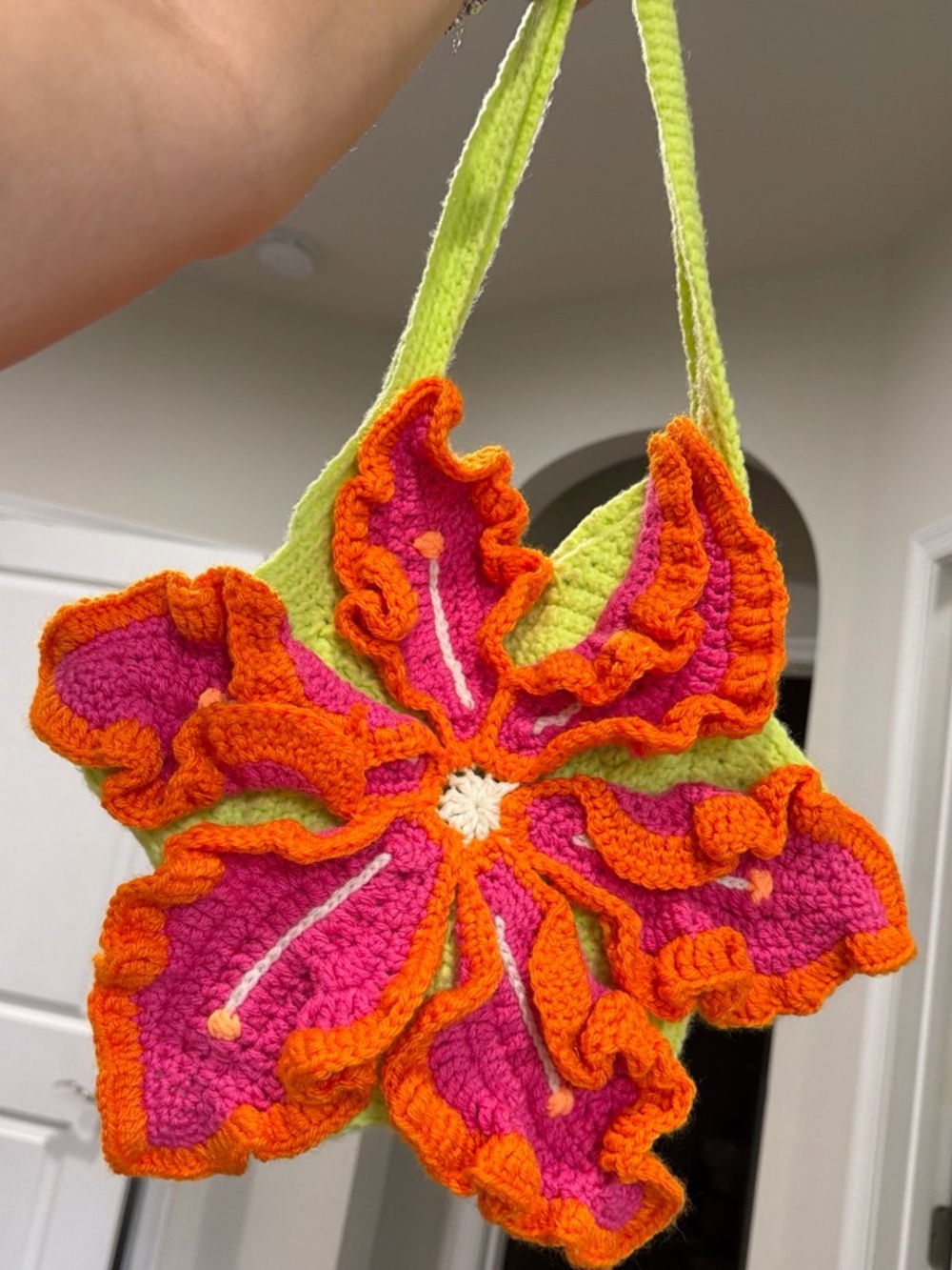 Handmade Floral Crochet Shoulder Bag in Pink, Orange & Green
